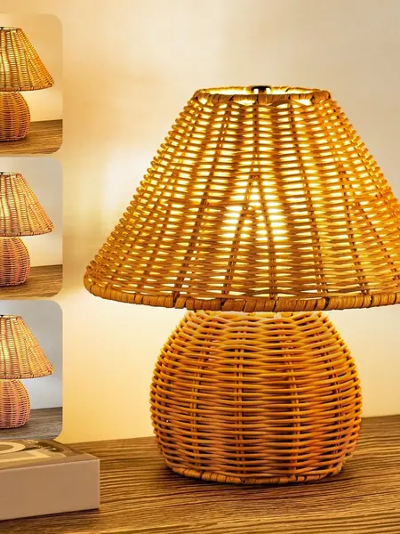 [Deals For You Days] Boho Rattan Nightstand Dimmable Table Lamp - Handwoven Bamboo Light with 3-Color Dimming, Wood Base & USB Port for Bedside Table | Cozy Lamp at Home, Stock Up, Summer Vibes