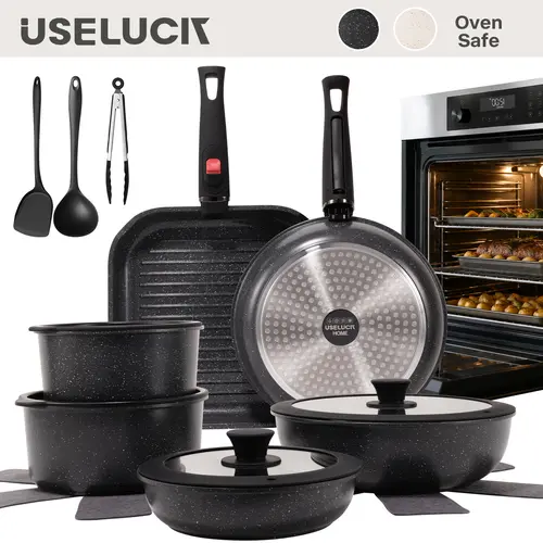 USELUCK 21 Pcs Complete Pots and Pans Set, 6-Pan Nonstick Cookware Set with Detachable Handle, Non-Toxic PFOA-Free Kitchen Set, Stackable Space Saving RV Cookware, Oven Safe, Induction Compatible with Lids,father'sdaygifts,campingessentials,campinggear
