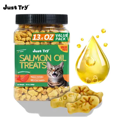 Just Try 13.4 OZ Cat Grass Treats Salmon Oil Natural Salmon Kitten Healthy Cat Treats Training Biscuits Snacks Fish Oil Omega 3 Supplements for Cats Joint Support & Skin Coat Health