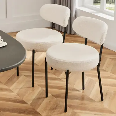 2-Piece Boucle Fabric Dining Chairs Set, Mid-Century Modern Kitchen & Dining Room Chairs with Curved Backrest and Metal Legs, Fabric Dining Chair