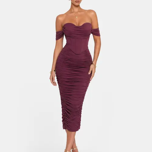 CurvySweet Scarlett Summer Women's Off The Shoulder Midi Dress Built-in Bra Ruched Corset Bodycon beach vacation outfit Cocktail Party Dresses Sleeveless Womenswear,summerwins,summeroutfits,vacationoutfits,beachoutfits