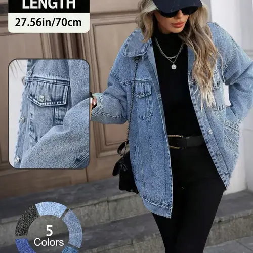 Women's Denim Loose Fit Jacket, Basic Casual Street Fashion Long Sleeve Outerwear for Daily Wear, Ladies Clothes for All Seasons, Coats, Womenswear, Streetwear
