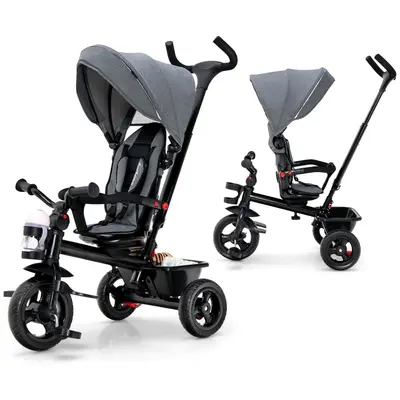 Costzon Toddler 3-Wheeled Bike Pushchair - Kids Outdoor Travel Gear with Removable Push Handle, Reversible Seat, EVA Wheels, Adjustable Canopy, Cup Holder, Storage (Toddler Gifts, Summer Use)