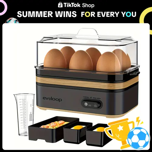 EVOLOOP Rapid Egg Steamer - 6-Egg Capacity, BPA-Free Stainless Steel with Clear Tritan Lid, 400W Electric Egg Cooker for Hard Boiled, Poached, Scrambled, or Omelette, Includes Measurement Cup & 2 Poaching Trays, Auto Shut Off