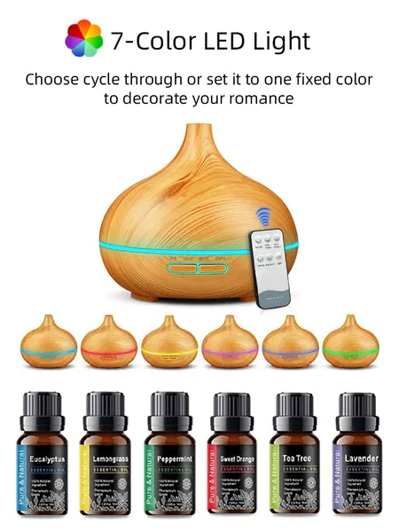 Wood Grain Aroma Diffuser Humidifier with Remote, Timer & 6 Oil Set, 550ml Waterless Fragrance Oil Diffuser, Essential Oil Aroma Diffuser for Home Humidifiers, Anxiety Humidifier, Flower Humidifier, Air Purifier for Large Rooms d is ff user