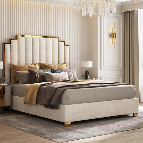[Summerwins] AMERLIFE Bed Frame with 65" Headboard, Upholstered Platform Bed with Golden Plating Trim, Modern Luxury Bed Frame, No Box Spring Needed/No Mattress/Queen/King/Best Gift Ideas/Christmas Gifts