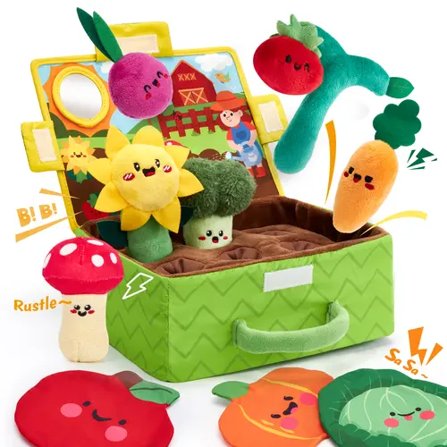 hahaland My First Garden Stuffed Toys Set-Fruits Vegetables Garden Plant Plush-Sensory for Babies 6-12 Months,Montessori Sensory Toy Carrot Flower with Rattles Mirror Squeaker Textures , Baby Gifts,Soft Huggable Stuffedtoy,Durable Soft Fluffy