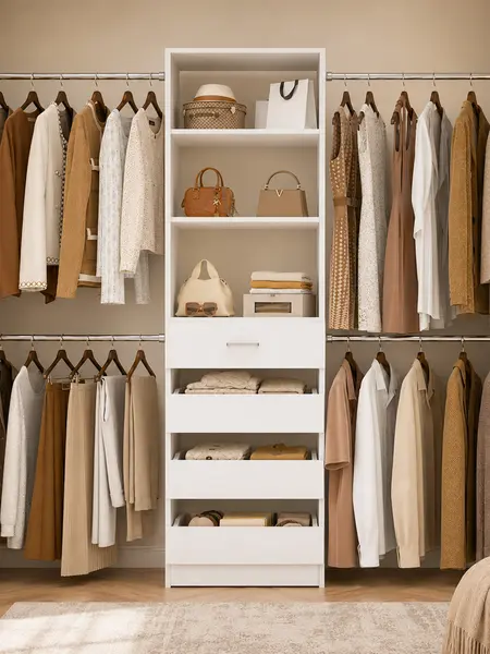 75''-115'' W Adjustable Closet System with Drawers and Hanging Rods, Modern 4-9FT Walk-in Closet Organizer Wardrobe Rack with Shelves,  Aesthetic Design Bedroom Organizing Closet Organization Home Interior Furniture