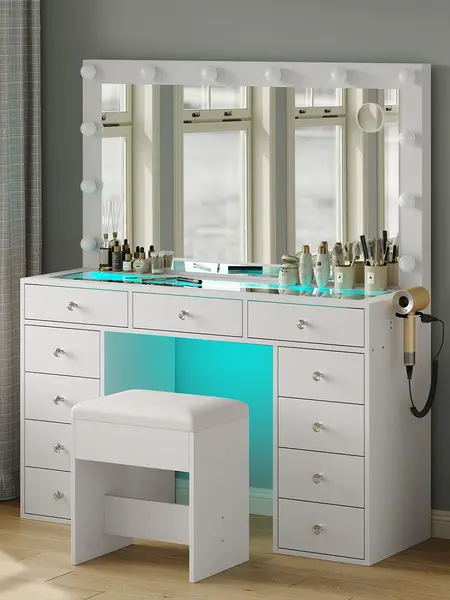 CollaredEagle Vanity Desk with Tempered Glass Topwith & Power Outlet, 11 Drawers Vanity Table with 3 RGB Drawers & Chair, Makeup Vanity with 12 LED Lights, Dressing Table for Bedroom,Dressing Room