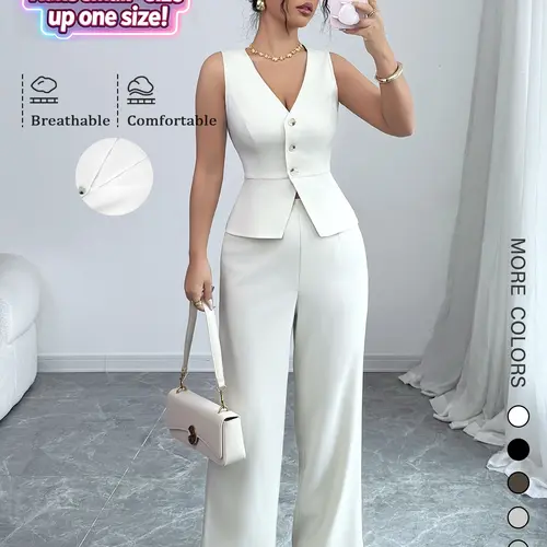 2026 Spring Summer Women's 2-Piece Set, Fashion Chic Waist-Cropped Sleeveless V-Neck Top + Casual Wide-Leg Pants, Slim Fit, Light Color, The size runs small, please order one size up.