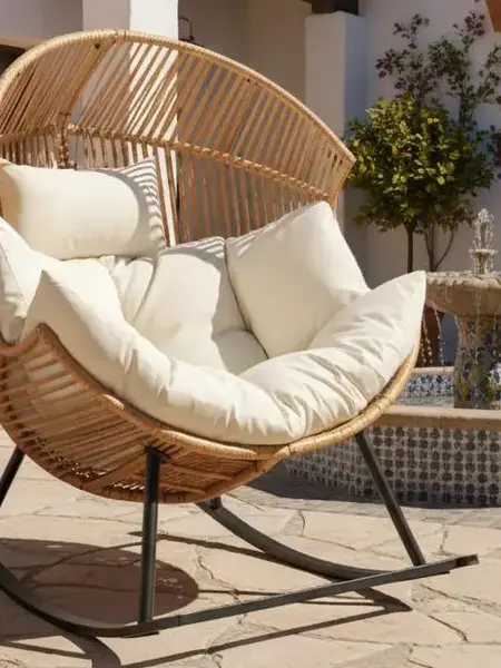 Walsunny Rocking Chair, Outdoor Indoor Wicker Patio Chair, 450Lbs Load Capacity Oversized Egg Lounger Chair with Cushion Basket for Bedroom, Balcony, Backyard, Beige
