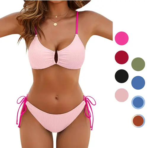 Blooming Jelly Color Block Textured U-Wire Swimsuits Womens Sexy Cheeky High Cut 2 Piece Bikini Sets #SwimWeek #Summervibes summerwins