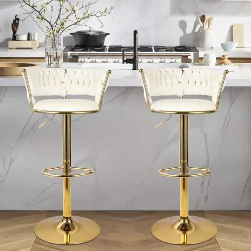 Modern Swivel Woven Velvet Bar Stools, Stool, 360° Swivel Adjustable Height Bar Stool with Backs Golden Metal Tall Bar Stools Counter Height for Kitchen Island, for Christmas, Festival,