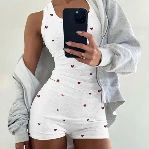 CHICME Women's 2 Pieces Pajamas Set Heart Pattern U Neck Tank Strechy Waist Shorts Set