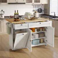 【DealsforYou】ONBRILL 60" / 81.7" Kitchen Island with Power Outlet & Drop Leaf, Kitchen Rolling Island with Spice Rack & Towel Rack, Knife Holder, Kitchen Island Cart with Trash Storage Cabinet, Mobile Island Table for Kitchen