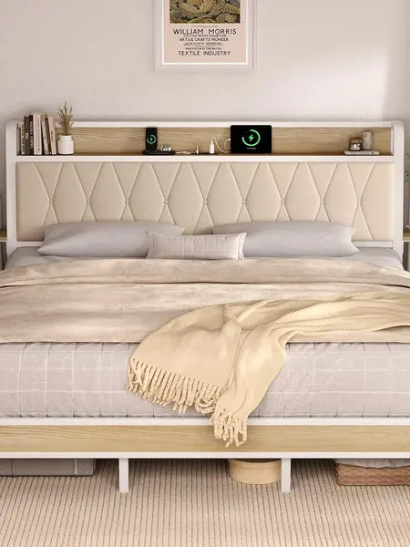 【DealsforYou】ONBRILL Upholstered Platform Bed Frame - King Size, Ergonomic Upholstered Headboard with Charging Port, Side Storage Shelf, Heavy Duty Metal Slats Support, No Box Spring Needed, Easy Assembly, Upholstered Platform Bedframe