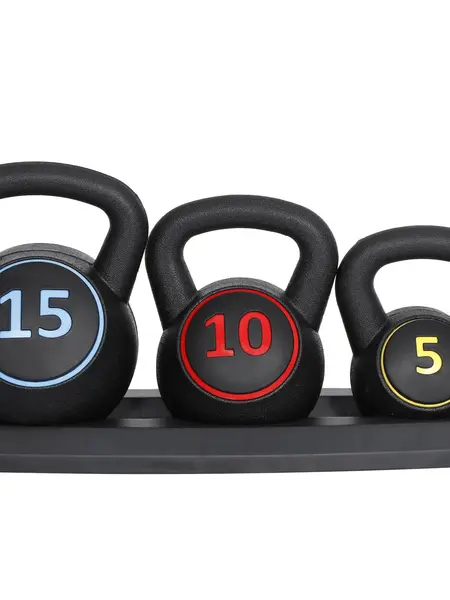 Segawe 3-Piece Kettlebell Set with Storage Rack (5,10,15lbs) - HDPE+Concrete Core, Flat Base, Anti-Slip Grip, Durable Home Workout Equipment for Strength Training,summerwins