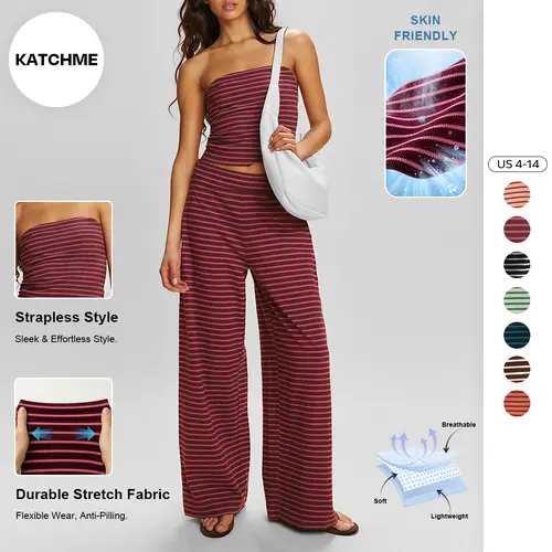 Katch Me Chic Women's Casual Color Matching Stripe Slim Tube Top & Low-Rise Wide Leg Trousers Co-ord, Lightweight Wrinkle-Resistant Spring & Summer Outfits, Skin-Friendly Two Piece Sets #TikTokMadeMeBuyIt #TwoPieceSet #SummerEssentials
