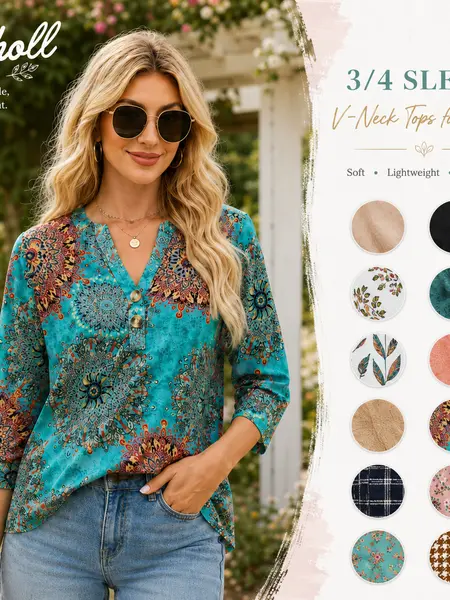 WIHOLL 3/4 Sleeve Tops Summer Outfits for Women Breathable Lightweight Blouses Air Conditioner Friendly Loose Fit Beach Vacation Girls Adjustable