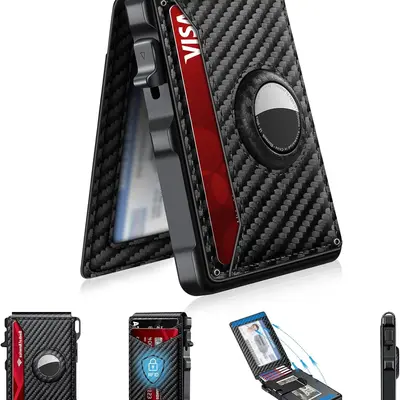 Men's Minimalist Bifold Wallet with AirTag Slot, RFID Blocking, Pop-Up Card Holder, 7-9 Card Capacity & Magnetic Clip for Max 5 Bills (AirTag Not Included) - Summer Wins,summerwins,father'sdaygifts