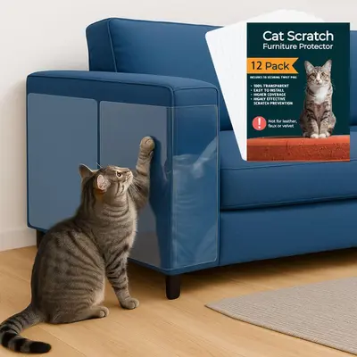 AISOON 12-Pack + 50 Pins Anti-Cat Scratch Furniture Protector, 14x11 Inch Discreet None-Paste Heavy-Duty Shield for Sofa Corners, Walls, Doors