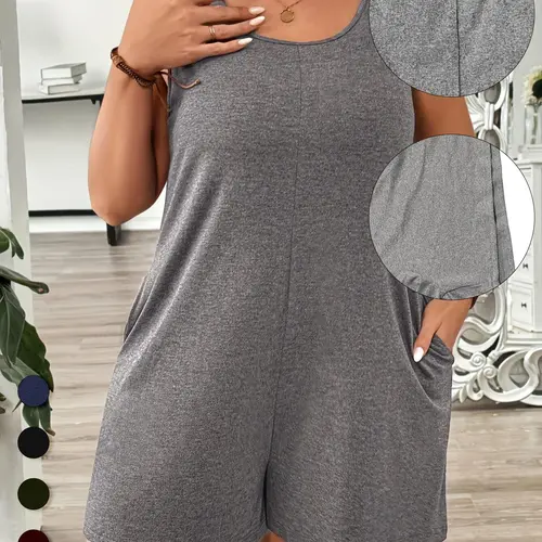 Plus Size Solid Color Sleeveless Fitted Romper, Elegant Casual Romper, Casual Comfy Romper for Summer, Women's Plus Clothing for Daily Wear, Basic, Casual Sleeveless Overalls, Womenswear
