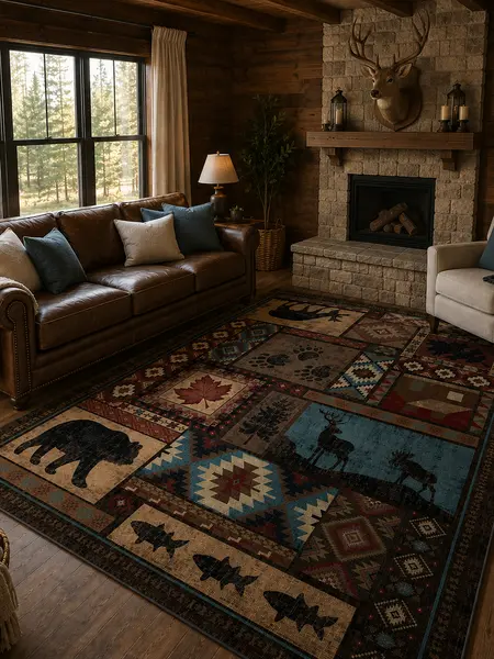 YIHOUSE Machine Washable Large Rustic Lodge Style carpet , Vintage Western Living Room Decor Rug, Suitable for Living Room, Bedroom, Dining Room, Non‑Slip, Stain‑Resistant & Soft, Ideal for Country Cabin Homes Cozy Area Rug Cottage Area Rug Low Pile Rugs