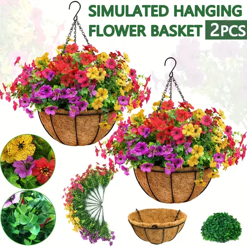 2pcs Artificial Hanging Flowers Baskets with 24 Realistic Daisies & Eucalyptus - UV-Resistant Outdoor/Indoor Decor for Porch, Patio, Balcony, Yard - Includes Hanging Baskets & Greenery summerwins
