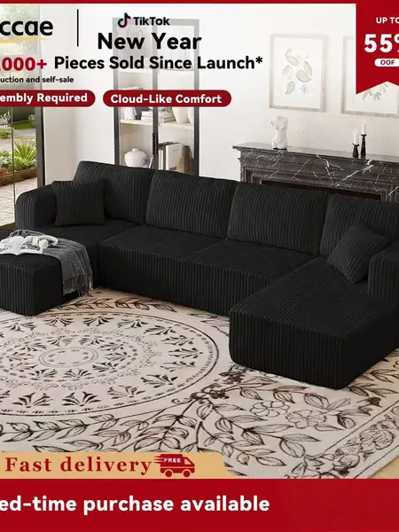 【New Year Sales】 Niccae 132'' or 161" U-Shape Oversized Cloud Couch – Corduroy Modular Sectional Sofa with 4 Large Cushions and 2 Small Pillows, No Assembly Needed, Deep Seat Boneless Upholstered Couches for Living Room, Cozy & Stylish