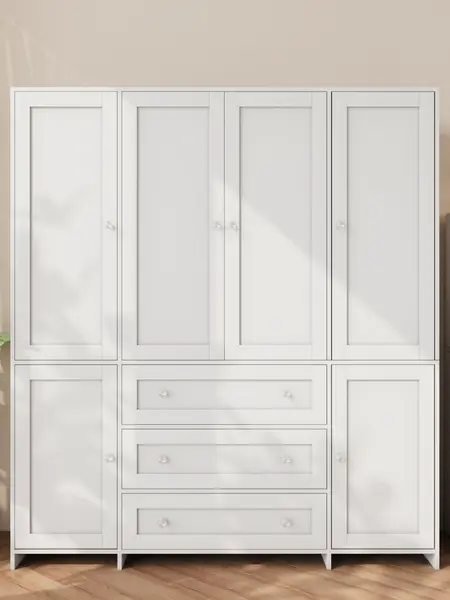 VOWNER Large 4 Doors Wooden Wardrobe Bedroom Tall Armoire Closet Organizer with Big Drawers Mirror Hanging Rails and Shelves Clothes Storage Cabinet for Bedroom