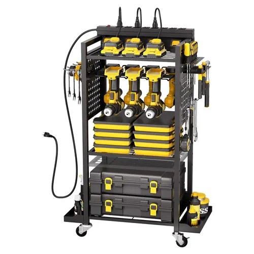 【DealsForYouDays】VEVOR Heavy Duty 4-Tier Power Tool Organizer Cart with Charging Station8 AC OutletsFloor Stand Rolling Drill HolderTool Battery Storage Rack on Wheels for WorkshopGarage, Garage Organization, Storage Organization, Dad Gifts