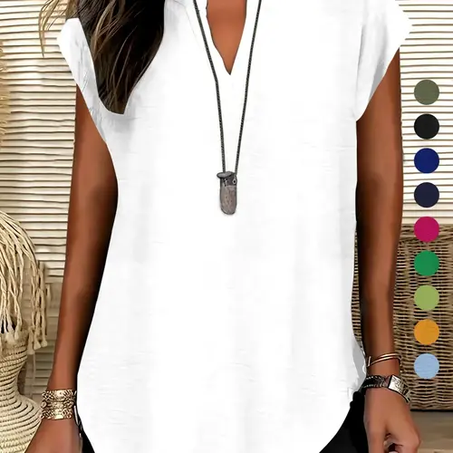 Women's Plain Notched Neck Fitted Blouse, Shirts, Casual Fashion Fitted Classy Elegant Minimalist Basic Top for Summer, Ladies Clothes for Daily Wear, Womenswear