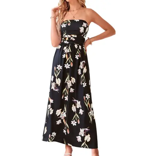 【Grace Karin】Women's Bohemian Sleeveless Floral Print Ruched Strapless Maxi Dress with Pockets, Casual Flowy Beach Sundresses, Women's Clothes, Summer Beach Dress, S-2XL Plus-Size Friendly Apparel
