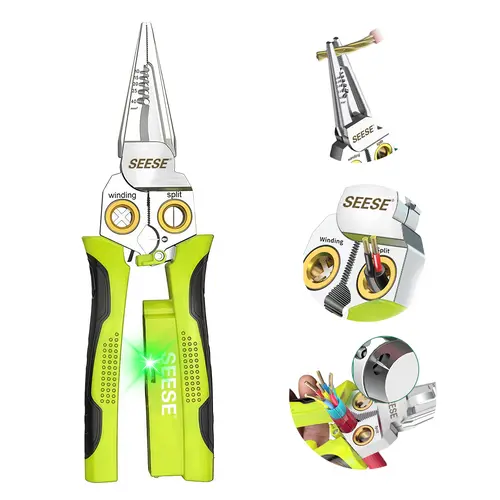 SEESE 8-in-1 Wire Stripper & Twister – Cutting, Pulling Wires, Voltage Tester Pliers, Cable Scissors, AC/DC Live, Null & Hot Wire Detection with Audible & Flashing LED Alarms backtoschool