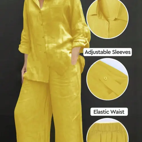 Women's Solid Color Long Sleeve Shirt & Wide Leg Pants Set, Casual Fashion Cozy Breathable Loungewear Homewear Two-piece Outfits for Daily Outdoor Wear, Women Clothes Womenswear for Spring Fall, Lady