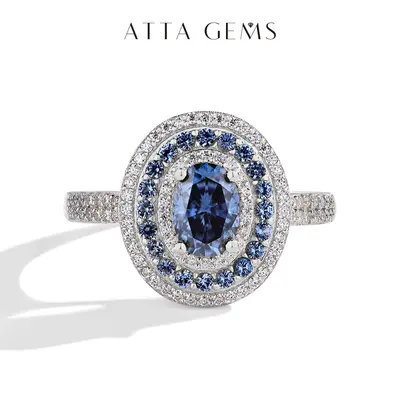 ATTAGEMS 1CT Oval Lab-Created Blue Moissanite Halo Artificial Gemstone Elegant Ring - Multi-Size Moissanite Ring Band, Women's Solitaire Engagement Jewelry for Wedding Anniversary R166,summerwins