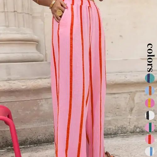 Women's Striped Print Wide Leg Pants, Boho Casual Trousers, Casual Comfy Trousers for Daily Wear, Ladies Bottoms for All Seasons, Casual Chic Bottoms, Casual Straight Leg, Woven