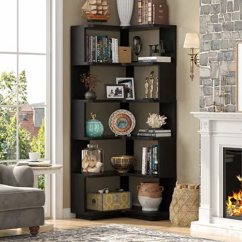 Corner Wooden Bookshelf, Freestanding L-Shaped Bookcase with Baffle, Sturdy Display Shelf Stand Furniture with Shelves for Home Office,Living Room, Bedroom