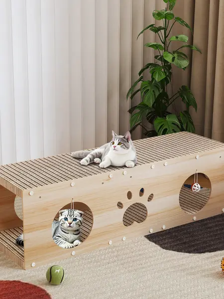 IRONCK 39" Durable Wood Multi-Use Cat House - 2-in-1 Indoor Pet Furniture with Scratcher Board, Vertical Scratcher, Ball Toy, Pre-Cut Panels & Large Space for Play & Rest (Kitten Bed & Playhouse) Scratching Posts