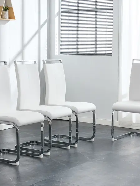 Modern Dining Chairs,PU Faux Leather High Back Upholstered Side Chair with C-shaped Tube Chrome Metal Legs for Dining Room Kitchen Vanity Patio Club Guest Office Chair (Set of 4)(White+PU Leather) Solid Wood Armchair Dressing Table Stool
