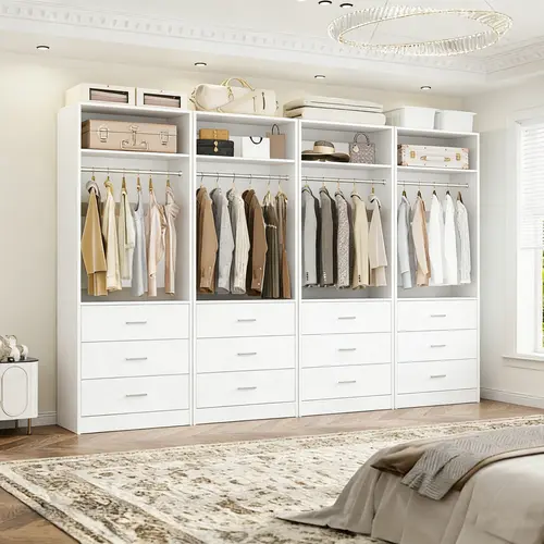 Cyclysio Modular Closet Organizer - Heavy Duty, Waterproof 24"-96" Freestanding Walk-in Wardrobe with 3 Wood Drawers & Hanging Rod, 1-4 Piece Custom Set for Closet Organization, Room Storage, Small Spaces
