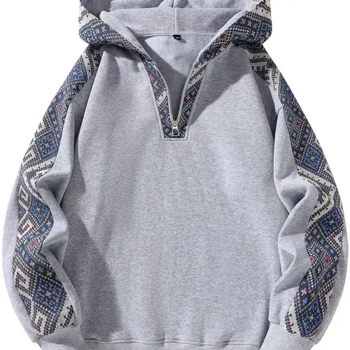 Unisex Half-Zip Hoodie, Vintage Ethnic Patchwork Sweatshirt, Casual Daily Wear, Outdoor Activities, Men's Sporty Hooded Sweatshirt