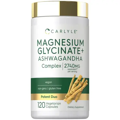 Carlyle Magnesium Glycinate with Ashwagandha | 2,740mg Complex | 120 Vegetarian Capsules | Potent Duo | Non-GMO and Gluten Free Supplement