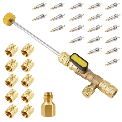 GJANSH AC Valve Core Remover Installer Tool with Dual Size SAE 1/4 & 5/16 Port, 20 PCS Valve Cores with Teflon Seal and 10 PCS Brass Nuts, Compatible with R22 R12 R407 R410 R404 R32 R600 A/C,TikTokShopBlackFriday,fathersdaygift