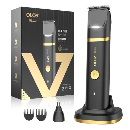 OLOV Groin & Body Hair Trimmer for Men, Waterproof Electric Groomer with Skin-Friendly Ceramic Blades, LED Light & USB-C Charging Dock, Hair Removal Trimmer, Bikini