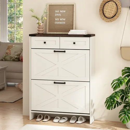 Farmhouse Shoe Storage Cabinet with 2 Hidden Flip Drawers & 2 Drawers – Narrow Freestanding Shoe Rack Organizer with Adjustable Shelves for Entryway