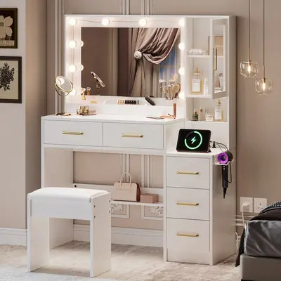 TOKSOM 35.44" White Led Vanity Desk - Stylish Contemporary Drawer-Style Vanity Makeup Desk with Replaceable Lights, Charging Station, 5 Drawers, 1 Dust-Proof Cabinet, Open Shelves - Bedroom Items for Teenage Girls, Girl Room Accessories