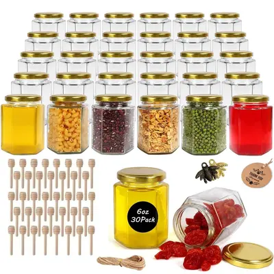30-Pack 6oz Hexagon Glass Jars with Gold Lids – Thick Reusable Kitchen Snack Containers Set, Includes Wooden Dippers, Decorative Charms, Thank-You Stickers & Natural Twine for Jams, Wedding Favors, Reusable Snack Containers