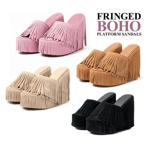 CYNLLIO Womens Fringed Boho Cowboy Style Platform Sandals Open Round Toe Tassel High Heels Slip On Wedge Heeled Slides for Dating Outings Evening Party Holiday Summer Dress Sandals Beach Slippers Bohemian Style Shoes Deals For You Days