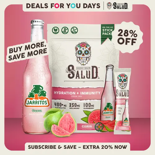 Salud x Jarritos 2-in-1 [Hydration + Immunity - Guava] Coconut Energy Drink, Sport Beverage - 400mg Electrolytes, 250mg Wellmune, 100mg Elderberry - Dairy & Soy Free, Vitamin Supplement (15 Servings)